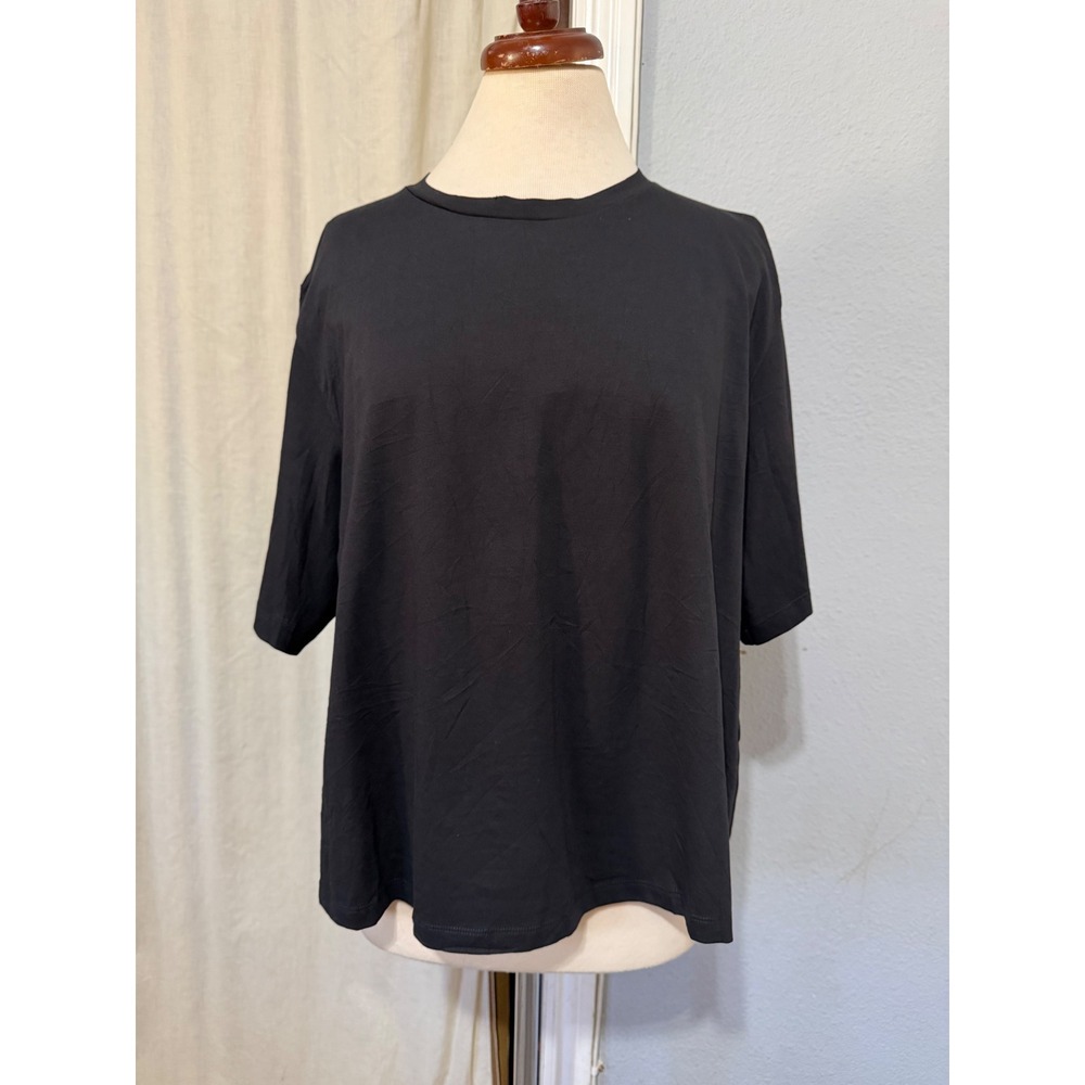 Zara Women Top Large Black Mixed Media Chiffon Sheer Back Short Sleeve Oversized